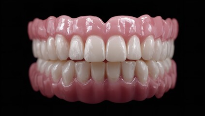 Full upper and lower dental model in pink resin with gold arches and white reflections, realistic frontal view on black background