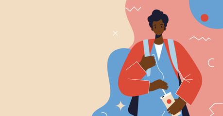 Modern illustration of a young adult, possibly a student or traveler, carrying a backpack and a beverage, embodying urban lifestyle or daily commute.