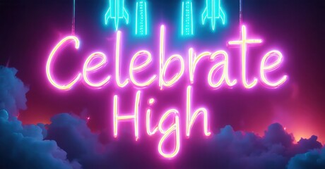 Bright neon sign displays Celebrate High against dark sky, clouds visible. Festive, vibrant illumination creates energetic mood.