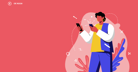 Modern person engrossed with two smartphones, actively communicating or multitasking with digital devices. Represents connectivity, social media, and technology use.
