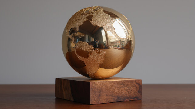 A shiny golden globe mounted on a polished wooden base , on wooden table .