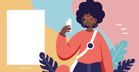 Young Black woman captures content with smartphone amidst a vibrant, abstract background, ideal for digital marketing, social media, or lifestyle themes.