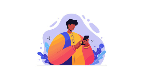 Modern person focused on their smartphone, engaging with digital content for communication, social media, or online services in a vibrant, illustrated setting.