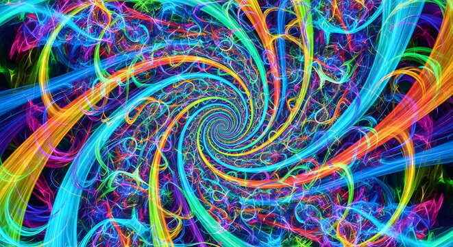Abstract vibrant multicolored spiral artwork with looping ribbons and swirling motion