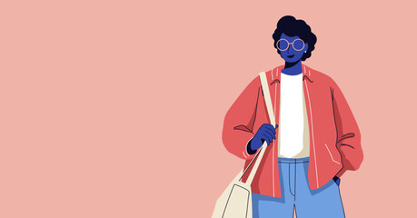 Stylish young person with glasses and a tote bag, casually dressed for everyday life. Modern, diverse individual representing lifestyle and urban fashion.