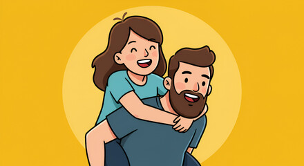 Illustration of a cheerful young couple enjoying a piggyback ride with love