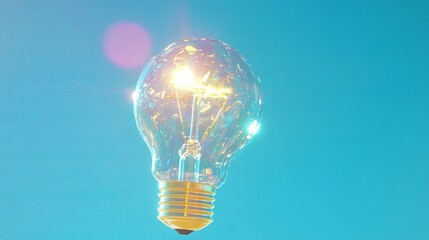 Brilliant incandescent lightbulb glowing with bright inspiration against a clear blue sky