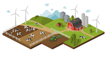 Isometric farm scene with wind turbines and cows in a pastoral landscape