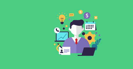 Professional working with multiple tasks and concepts like ideas, finance, planning, and technology. Ideal for business, management, and productivity themes.