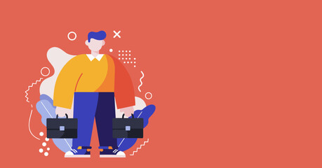 Stylized businessman balancing two briefcases, symbolizing career, opportunity, and professional life. Vibrant background for business concepts.