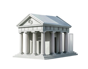 3D model of a light gray classical temple, featuring columns, pediment, and a flat roof