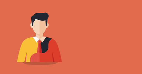 Flat design illustration of a professional man with a dual-color shirt, representing choices, versatile roles, or diverse business concepts. Ideal for modern corporate themes.