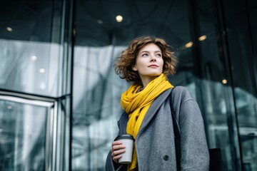Fototapeta premium Stylish young woman with curly hair holding coffee in the city, wearing scarf and coat. Concept for urban lifestyle, morning routine and business meeting