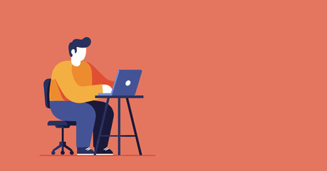 A stylized illustration of a person working on a laptop at a desk. Represents remote work, online learning, or digital tasks. Ideal for business, technology, and lifestyle concepts.