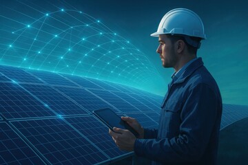 Engineer using a tablet to monitor a solar panel farm with a futuristic digital network overlay.