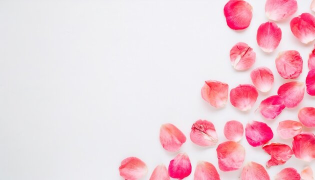 Fototapeta pink rose petals scattered on white wooden background with soft romantic composition ideal for wallpaper banner or editorial design