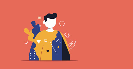 Modern vector illustration of a person with abstract shapes and design elements, symbolizing creativity, individuality, and personal expression. Ideal for digital concepts or business.