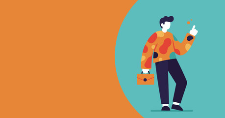 Stylized person with briefcase pointing up, symbolizing a new idea, solution, or business concept. Modern illustration for communication.