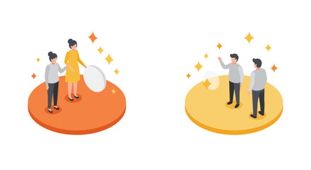 Isometric characters engaging in virtual reality on colorful platforms