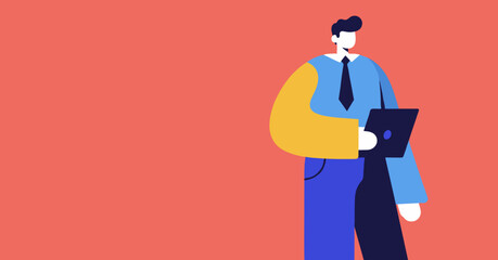 A stylized vector illustration depicts a man in a blue suit holding a laptop, set against a coral background, ideal for business and technology themes.