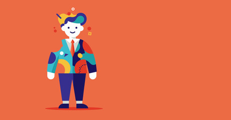 Vibrant illustration of a modern businessman embracing individuality and creativity, standing confidently against an orange background. Represents unique thinking and innovative solutions.