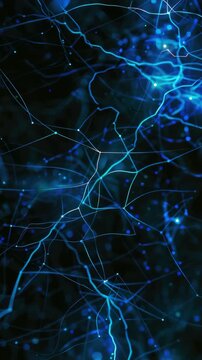 Microscopic of neural network with blue lighting effect. of nerve cells and fibers, showing electrical activity. Medical ry for research or purposes.