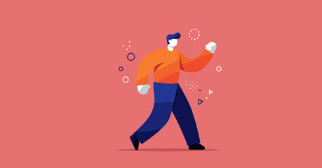 Modern illustration of a confident man striding forward amidst abstract elements, symbolizing progress, innovation, and personal growth for business and lifestyle.