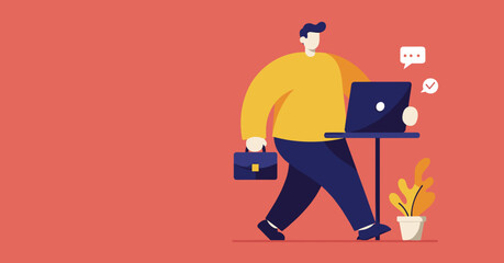 Modern professional walking and working efficiently on a laptop with a briefcase, symbolizing remote work, communication, and business productivity.