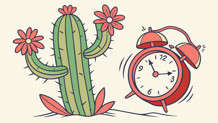 Cartoon Cactus with Flowers and Ringing Alarm Clock Illustration