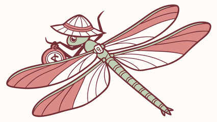 Cartoon Dragonfly with a Conical Hat and Compass Featuring Pink and Green Accents