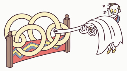 Cartoon Man Trying to Pull a Blanket Over Himself on a Bed with Intricate Design