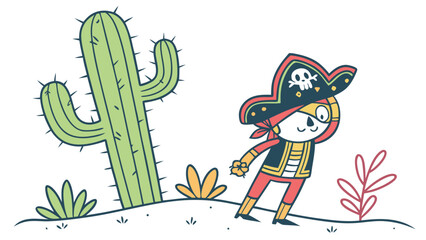 Cartoon Pirate with Skull Hat and Cactus in Desert Landscape
