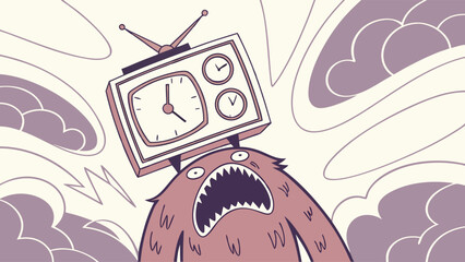 Cartoon Monster with a Television Head Displaying Clock Faces and Antennae