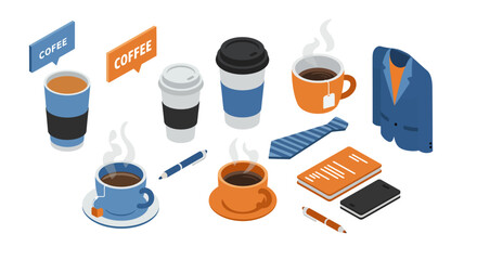 Isometric office coffee break with suit: cups, books, and accessories