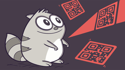 Cartoon Raccoon Gazing at Floating QR Codes with a Curious Expression