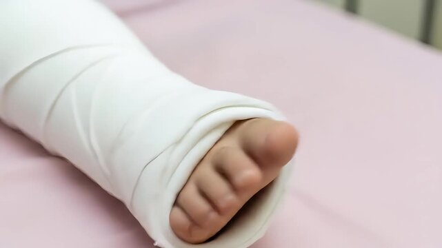 Close Up of Ankle Wrapped in White Plaster Cast on Pink Surface With Blurred Background For Medical Recovery Concepts and Injury Treatment