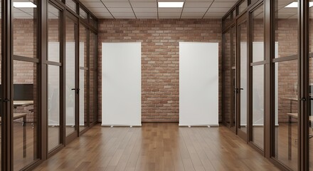 Obraz premium Modern Office Hallway with Glass Walls and White Doors.