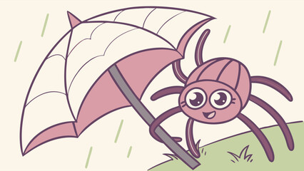 Cheerful Cartoon Spider Under Pink Umbrella in Rain