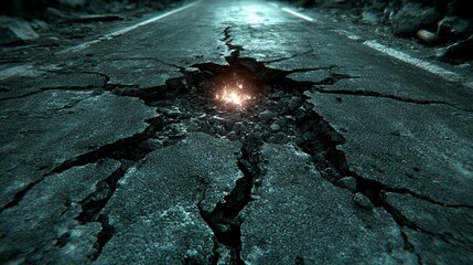 Cracked asphalt road, glowing fissure