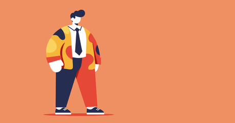 Full length illustration of a trendy man standing with hands in pockets, wearing colorful abstract patterned suit, against a solid orange background in a flat design.
