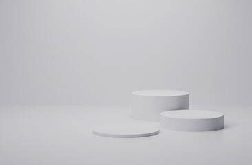 3d render of minimalist three podium showcase stage in interior room white studio and lighting for product display abstract bright background.