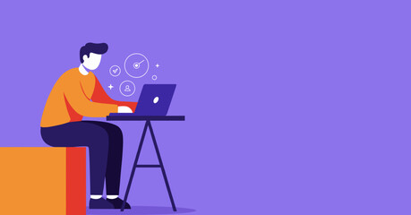A stylized illustration of a man working on a laptop, symbolizing productivity, online tasks, time management, and remote work. Ideal for business and technology concepts.