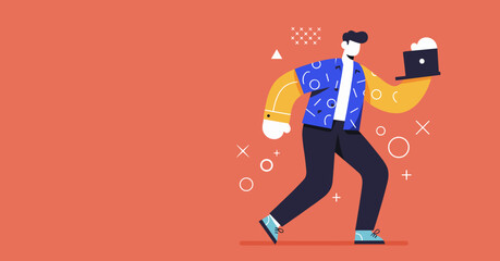 Energetic person strides forward, holding a laptop, symbolizing digital communication, modern business, and creative productivity. Ideal for technology, freelance, or remote work concepts.