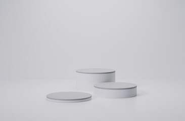 3d render of minimalist three podium showcase stage in interior room white studio and lighting for product display abstract bright background.