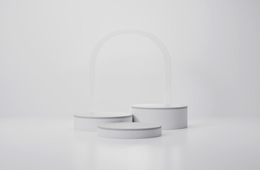3d render of minimalist three podium showcase stage in interior room white studio and lighting for product display abstract bright background.