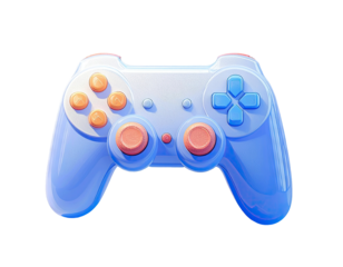 Light-blue, glossy video game controller with orange accents