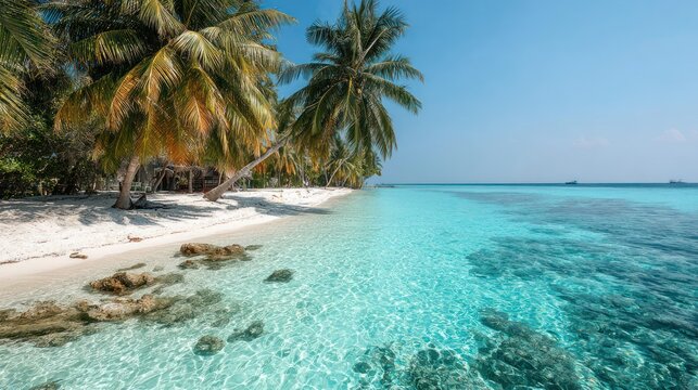 Tropical Beach with Palm Trees and Clear Blue Water on White Sand Coastline