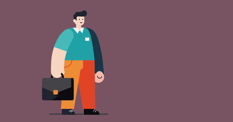 Smiling, confident man in flat design style holding a briefcase, ready for business. Represents career, success, and professional life.