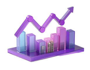 3D graphic of a rising line graph with columns, in shades of purple and lavender, on a platform