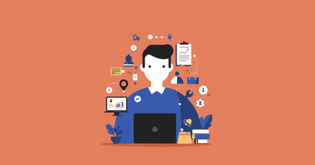 Person working on laptop, surrounded by icons representing project management, data analysis, task organization, and business solutions. Concept of productivity, remote work, and digital innovation.